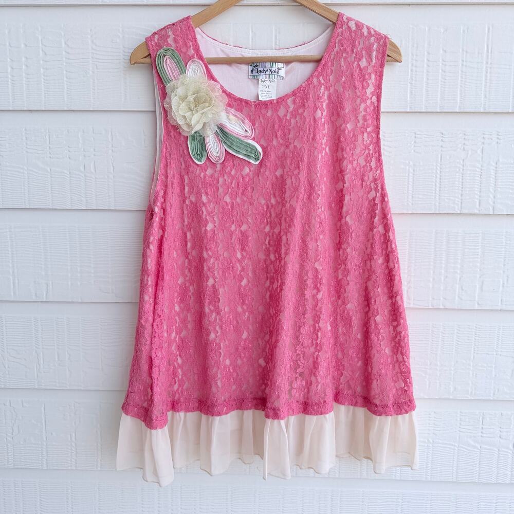 Lady Noiz Romantic Pink Lace Tunic Top 2XL Floral Applique